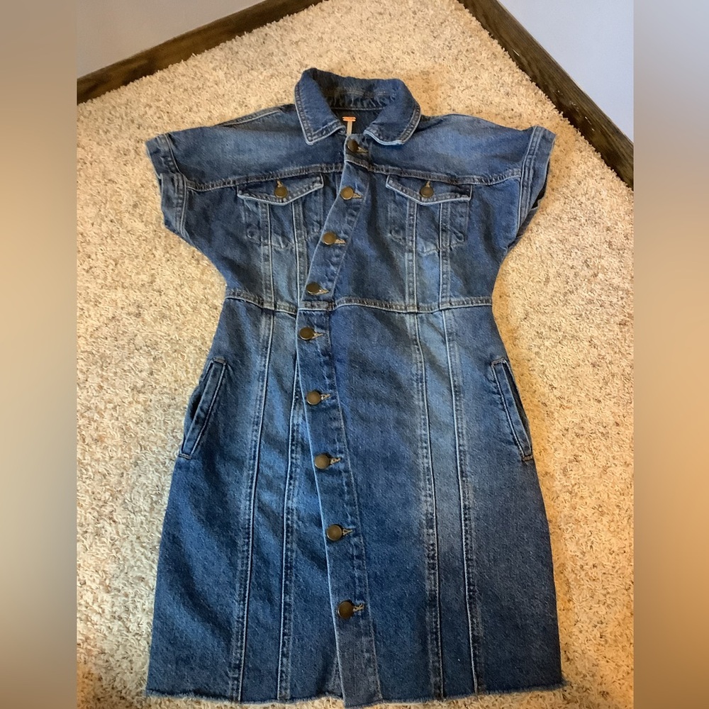 Free People Distressed Denim Button Down Diagonally Short Sleeve Dress